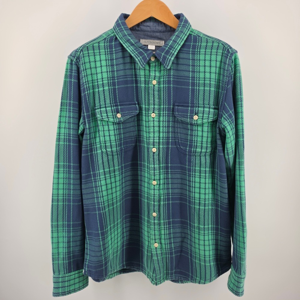 Outerknown Blanket Shirt Mens XL Green Navy Blue Plaid Organic Cotton Flannel